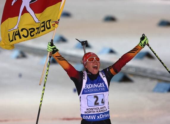 BIATHLON - IBU WC Kontiolahti 2015 KONTIOLAHTI,FINLAND,13.MAR.15 - BIATHLON - IBU World Championships, relay 4x6km, ladies, award ceremony. Image shows Laura Dahlmeier (GER).