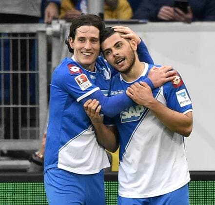TOR zum 3:0 durch Sebastian Rudy TSG 1899 Hoffenheim nach Vorlage von Kevin Volland TSG 1899 Hoffenheim (rechts) Torjubel, Jubel, Freude, Emotion TSG 1899 Hoffenheim gegen Hamburger SV HSV Hamburg Fußball Herren GER 1. Bundesliga Spieltag 25 25. Spieltag Saison 2014 2015 Sinsheim-Hoffenheim Wirsol Rhein-Neckar-Arena 14.03.2015 TSG 1899 Hoffenheim gegen Hamburger SV HSV