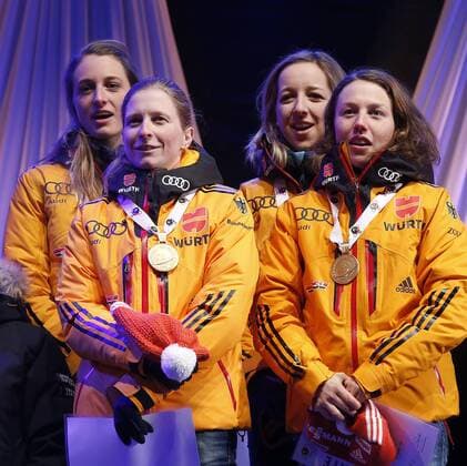 BIATHLON - IBU WC Kontiolahti 2015 KONTIOLAHTI,FINLAND,14.MAR.15 - BIATHLON - IBU World Championships, relay 4x6km, ladies, Medal Plaza, award ceremony. Image shows Franziska Hildebrand, Vanessa, Hinz, Franziska Preuss and Laura Dahlmeier (GER).