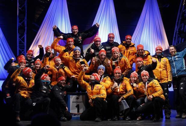 BIATHLON - IBU WC Kontiolahti 2015 KONTIOLAHTI,FINLAND,14.MAR.15 - BIATHLON - IBU World Championships, relay 4x7,5km, men, Medal Plaza, award ceremony. Image shows team GER.