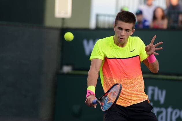 March 14, 2015 - Indian Wells, California, U.S - BORNA CORIC of Croatia plays a point in his match against B. Tomic at the BNP Paribas Open at the Indian Wells Tennis Gardens in Indian Wells California on Saturday 14 March 2015. Tennis 2015 - BNP Paribas Open - Day 4 - ZUMAl132