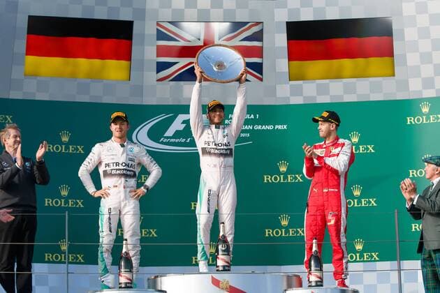 March 15, 2015: Lewis Hamilton (GBR) 44 (1st), Nico Rosberg (DEU) 6 (2nd) and Sebastian Vettel (DEU) 5 (3rd) celebrate on the podium at the 2015 Australian Formula One Grand Prix at Albert Park, Melbourne, Australia. Sydney Low Cal Media Formula One 2015: Australia MAR 15 - ZUMAc04_