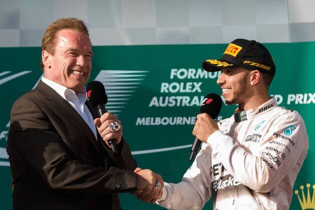 March 15, 2015: Arnold Schwarzenegger congratulates Lewis Hamilton (GBR) 44 (1st) on the podium at the 2015 Australian Formula One Grand Prix at Albert Park, Melbourne, Australia. Sydney Low Cal Media Formula One 2015: Australia MAR 15 - ZUMAc04_
