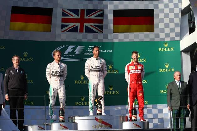 15.03.2015 - Race, 1st position Lewis Hamilton (GBR) Mercedes AMG F1 W06, 2nd position Nico Rosberg (GER) Mercedes AMG F1 W06 and 3rd position Sebastian Vettel (GER) Scuderia Ferrari SF15-T Australian Grand Prix, Melbourne 12 - 15 March 2015 