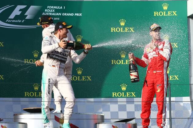 15.03.2015 - Race, 1st position Lewis Hamilton (GBR) Mercedes AMG F1 W06, 2nd position Nico Rosberg (GER) Mercedes AMG F1 W06 and 3rd position Sebastian Vettel (GER) Scuderia Ferrari SF15-T Australian Grand Prix, Melbourne 12 - 15 March 2015 