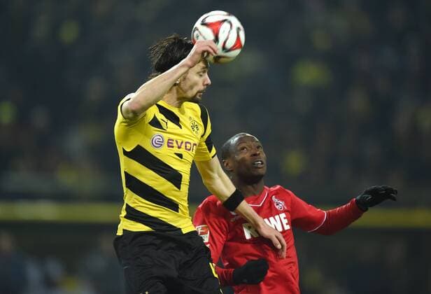 14.03.2015, Fussball, Saison 2014 15, 1. Bundesliga, 25. Spieltag, Borussia Dortmund - 1. FC Köln 0:0 Neven Subotic (Borussia Dortmund), li., gegen Anthony Ujah (1.FC Koeln)