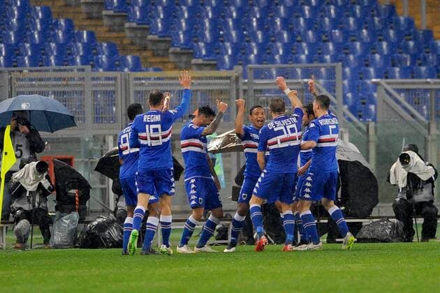 16.03.2015. Rome, Italy. Serie A Football. Roma versus Sampdoria. Luis Muriel celebrates with his teammates after he scored the goal for 0-2 for Sampdoria xGiuseppexMaffiax  ActionPlus11605553