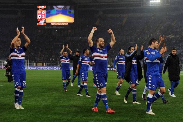 Schlussjubel Sampdoria. Roma 16-03-2015 Stadio Olimpico. Football Calcio 2014 2015 Serie A. AS Rom vs Sampdoria Genua AntoniettaxBaldassarre