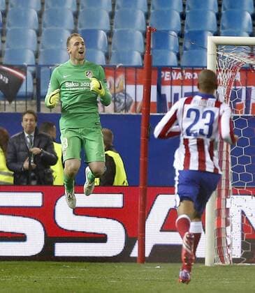 Second leg match of the 1 8 Champions League match played between Atletico Madrid and Bayer 04 Leverkusen. In this picture, Jan Oblak celebrates the qualification to quarters. xJOSExA.xGARCIAx 