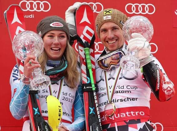 ALPINE SKIING - FIS WC Meribel MERIBEL,FRANCE,21.MAR.15 - ALPINE SKIING - FIS World Cup Final, giant slalom, men and women, award ceremony for the Giant Slalom and Slalom World Cup. Image shows Mikaela Shiffrin (USA) and Marcel Hirscher (AUT). Keywords: crystal globe, trophy.