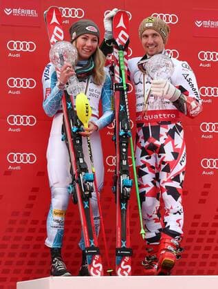 ALPINE SKIING - FIS WC Meribel MERIBEL,FRANCE,21.MAR.15 - ALPINE SKIING - FIS World Cup Final, giant slalom, men and women, award ceremony for the Giant Slalom and Slalom World Cup. Image shows Mikaela Shiffrin (USA) and Marcel Hirscher (AUT). Keywords: crystal globe, trophy.