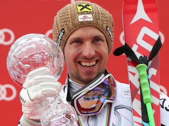 ALPINE SKIING - FIS WC Meribel MERIBEL,FRANCE,21.MAR.15 - ALPINE SKIING - FIS World Cup Final, giant slalom, men, award ceremony for the Giant Slalom World Cup. Image shows Marcel Hirscher (AUT). Keywords: crystal globe, trophy.