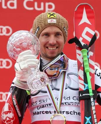 ALPINE SKIING - FIS WC Meribel MERIBEL,FRANCE,21.MAR.15 - ALPINE SKIING - FIS World Cup Final, giant slalom, men, award ceremony for the Giant Slalom World Cup. Image shows Marcel Hirscher (AUT). Keywords: crystal globe, trophy.
