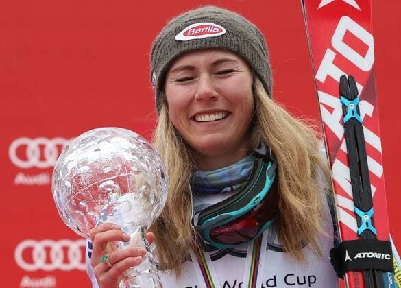 ALPINE SKIING - FIS WC Meribel MERIBEL,FRANCE,21.MAR.15 - ALPINE SKIING - FIS World Cup Final, slalom, ladies, award ceremony for the slalom World Cup. Image shows Mikaela Shiffrin (USA). Keywords: crystal globe, trophy.