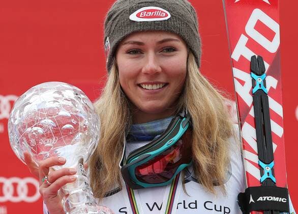 ALPINE SKIING - FIS WC Meribel MERIBEL,FRANCE,21.MAR.15 - ALPINE SKIING - FIS World Cup Final, slalom, ladies, award ceremony for the slalom World Cup. Image shows Mikaela Shiffrin (USA). Keywords: crystal globe, trophy.