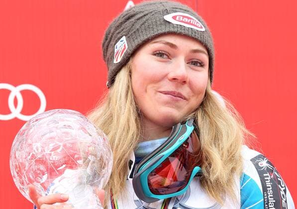 ALPINE SKIING - FIS WC Meribel MERIBEL,FRANCE,21.MAR.15 - ALPINE SKIING - FIS World Cup Final, slalom, ladies, award ceremony for the slalom World Cup. Image shows Mikaela Shiffrin (USA). Keywords: crystal globe, trophy.