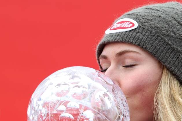 ALPINE SKIING - FIS WC Meribel MERIBEL,FRANCE,21.MAR.15 - ALPINE SKIING - FIS World Cup Final, slalom, ladies, award ceremony for the slalom World Cup. Image shows Mikaela Shiffrin (USA). Keywords: crystal globe, trophy.