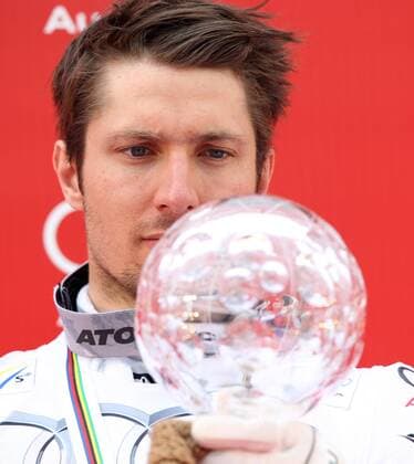 ALPINE SKIING - FIS WC Meribel MERIBEL,FRANCE,21.MAR.15 - ALPINE SKIING - FIS World Cup Final, giant slalom, men, award ceremony for the Giant Slalom World Cup. Image shows Marcel Hirscher (AUT). Keywords: crystal globe, trophy.