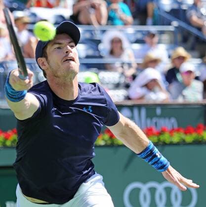 Andy Murray of Great Britain hits a shot during his men s semifinal match at the BNP Paribas Open in Indian Wells, California on March 21, 2015.  IDW20150321704 DAVIDxSILPA