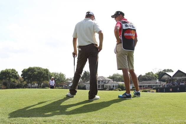 March 21, 2015 - Orlando, Florida, United States - George McNeill (L) and his caddie chat on the 17th green during the third round of the Arnold Palmer Invitational presented by MasterCard at Bay Hill Club & Lodge. PGA Golf Herren 2015 - Arnold Palmer Invitational Presented by MasterCard - Third Round - ZUMAw109