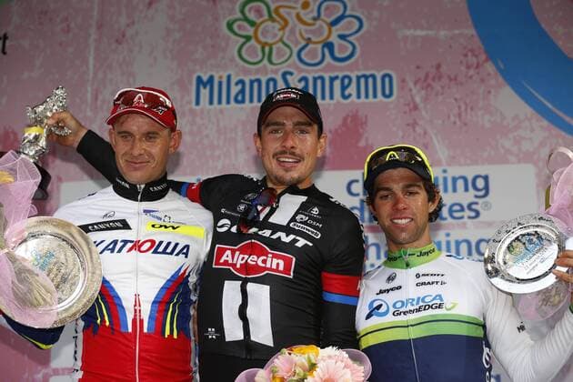 - SANREMO, ITALY: L-R, Norvegian Alexander Kristoff of Team Katusha, German John Degenkolb of Team Giant-Alpecin and Australian Michael Matthews of Orica GreenEDGE celebrate on the podium of the 106th edition of the Milan Sanremo, la classica di Primavera, one day cycling race, 307,6 km from Milan to Sanremo, Italy, Sunday 22 March 2015. YUZURUxSUNADA  x04591481x