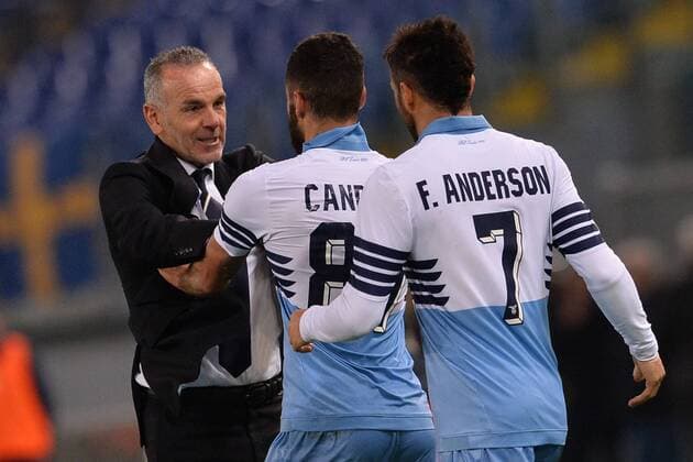 Fußball, Trainerhistorie Lazio Rom von 1997 bis heute Antonio Candreva Lazio, with coach Stefano Pioli. Goal celebrations. 2014 2015 Serie A. Lazio Rom - Hellas Verona. Foto AntoniettaxBaldassarre Insidefoto AntoniettaxBaldassarre