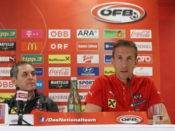 SOCCER - UEFA EURO EM Europameisterschaft Fussball 2016 quali, LIE vs AUT VIENNA,AUSTRIA,23.MAR.15 - SOCCER - UEFA European Championship EM Europameisterschaft 2016, European Qualifiers, OEFB international match Länderspiel Liechtenstein vs Austria, press conference PK Pressekonferenz team AUT. Image shows head coach Marcel Koller and Marc Janko (AUT).