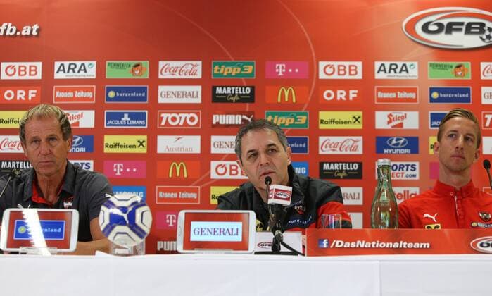 SOCCER - UEFA EURO EM Europameisterschaft Fussball 2016 quali, LIE vs AUT VIENNA,AUSTRIA,23.MAR.15 - SOCCER - UEFA European Championship EM Europameisterschaft 2016, European Qualifiers, OEFB international match Länderspiel Liechtenstein vs Austria, press conference PK Pressekonferenz team AUT. Image shows goalkeeper coach Klaus Lindenberger, head coach Marcel Koller and Marc Janko (AUT).