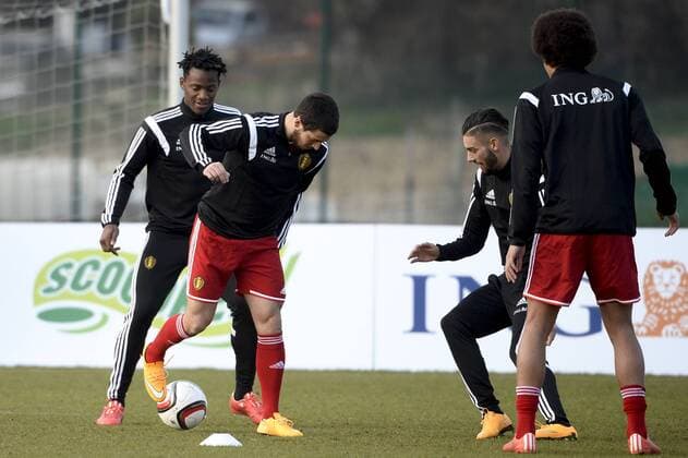 - BRUSSELS, BELGIUM: Belgium s Michy Batshuayi, Belgium s Eden Hazard, Belgium s Yannick Ferreira Carrasco and Belgium s Axel Witsel pictured during a training session of Belgian national soccer team Red Devils, Monday 23 March 2015, in Neerpede, Brussels. Belgium will play its fourth and fifth games of the Euro 2016 qualification against Cyprus on 28 March in Belgium and against Israel on 31 March in Israel. DIRKxWAEM  x04592475x
