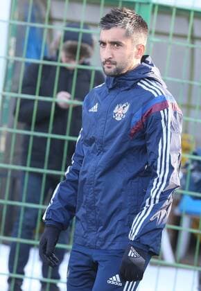 NOVOGORSK, RUSSIA. MARCH 23, 2015. Goalkeeper Alexander Samedov during a training session of the Russian national football team (men) ahead of the second leg of their UEFA EURO EM Europameisterschaft Fussball Qualifiying Round Group G match against Montenegro. Artyom Korotayev TASS  RE15F37C