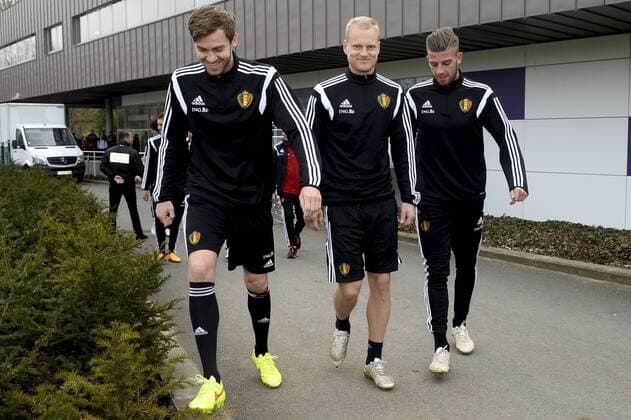 - BRUSSELS, BELGIUM: Belgium s Nicolas Lombaerts, Belgium s Olivier Deschacht and Belgium s Toby Alderweireld pictured at a training session of Belgian national soccer team Red Devils, Tuesday 24 March 2015, in Neerpede, Brussels. Belgium will play it s fourth and fifth game of the Euro 2016 qualification against Cyprus on 28 March in Belgium and against Israel on 31 March in Israel. DIRKxWAEM  x04592682x