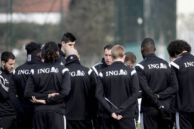- BRUSSELS, BELGIUM: Belgium s head coach Marc Wilmots (C) talks to his players during a training session of Belgian national soccer team Red Devils, Tuesday 24 March 2015, in Neerpede, Brussels. Belgium will play it s fourth and fifth game of the Euro 2016 qualification against Cyprus on 28 March in Belgium and against Israel on 31 March in Israel. DIRKxWAEM  x04592688x