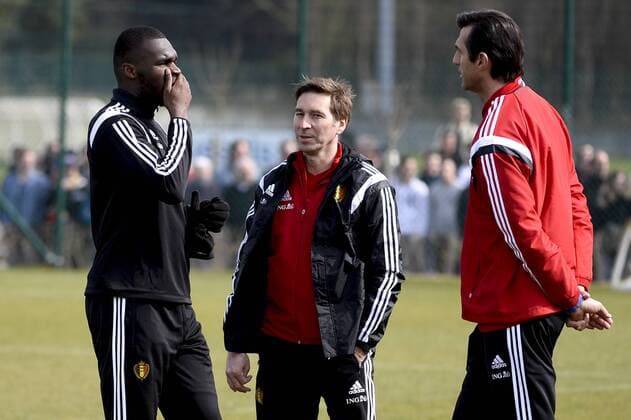 - BRUSSELS, BELGIUM: Belgium s Christian Benteke, Belgium s team doctor Kris Van Crombrugge and Belgium s physical therapist Dimitri Lowette pictured during a training session of Belgian national soccer team Red Devils, Tuesday 24 March 2015, in Neerpede, Brussels. Belgium will play it s fourth and fifth game of the Euro 2016 qualification against Cyprus on 28 March in Belgium and against Israel on 31 March in Israel. DIRKxWAEM  x04592691x