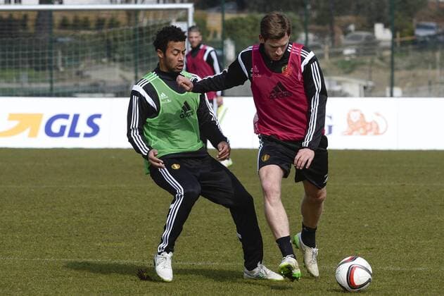 - BRUSSELS, BELGIUM: Belgium s Moussa Dembele and Belgium s Jan Vertonghen pictured in action during a training session of Belgian national soccer team Red Devils, Tuesday 24 March 2015, in Neerpede, Brussels. Belgium will play it s fourth and fifth game of the Euro 2016 qualification against Cyprus on 28 March in Belgium and against Israel on 31 March in Israel. DIRKxWAEM  x04592707x