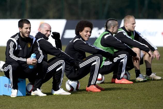 - BRUSSELS, BELGIUM: (L-R) Belgium s Eden Hazard, Belgium s Laurent Ciman, Belgium s Axel Witsel, Belgium s Radja Nainggolan and Belgium s Olivier Deschacht pictured during a training session of Belgian national soccer team Red Devils, Tuesday 24 March 2015, in Neerpede, Brussels. Belgium will play it s fourth and fifth game of the Euro 2016 qualification against Cyprus on 28 March in Belgium and against Israel on 31 March in Israel. DIRKxWAEM  x04592748x