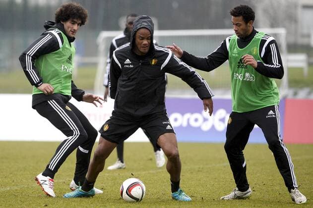 - BRUSSELS, BELGIUM: Belgium s Marouane Fellaini, Belgium s Vincent Kompany and Belgium s Moussa Dembele pictured during a training session of Belgian national soccer team Red Devils, Wednesday 25 March 2015, in Neerpede, Brussels. Belgium will play it s fourth and fifth game of the Euro 2016 qualification against Cyprus on 28 March in Belgium and against Israel on 31 March in Israel. DIRKxWAEM  x04593272x