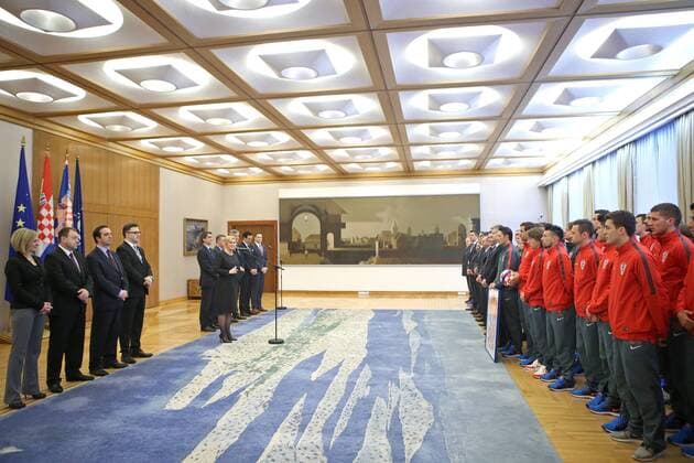 President with football team - Zagreb, Croatia 25.03.2015., Zagreb, Croatia - Croatian national football team and leaders of HNS (Croatian Football Federation ) at a reception by the President Kolinda Grabar Kitarovic at the President Office.  IgorxKralj PIXSELL