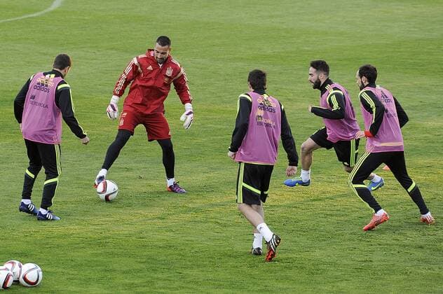Spanish national team Nationalteam s training at Ciudad del Futbol stadium in Las Rozas, Madrid, Spain. In the pic: Koke, Sergio Asenjo, Cervajal and Juanfran. March 25, 2015.  (20150325001)