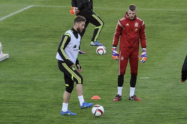 Spanish national team Nationalteam s training at Ciudad del Futbol stadium in Las Rozas, Madrid, Spain. In the pic: Sergio Ramos and De Gea. March 25, 2015.  (20150325010)