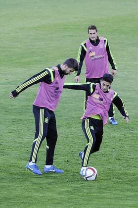 Spanish national team Nationalteam s training at Ciudad del Futbol stadium in Las Rozas, Madrid, Spain. In the pic: Pique, Koke and Bartra. March 25, 2015.  (20150325023)