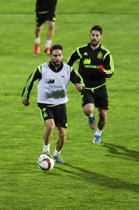 Spanish national team Nationalteam s training at Ciudad del Futbol stadium in Las Rozas, Madrid, Spain. In the pic: Carvajal and Isco. March 25, 2015.  (20150325031)