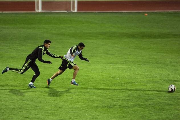 Spanish national team Nationalteam s training at Ciudad del Futbol stadium in Las Rozas, Madrid, Spain. In the pic: Bartra and Pedro. March 25, 2015.  (20150325035)