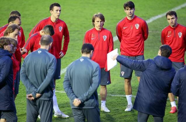 Ivan Perisic, Luka Modric, Milan Badelj, Vedran Corluka - Croatian national football team training - Zagreb, Croatia 26.03.2015., Zagreb, Croatia - Training of Croatian national football team before the qualifying match with Norway for Euro 2016.  IgorxKralj PIXSELL
