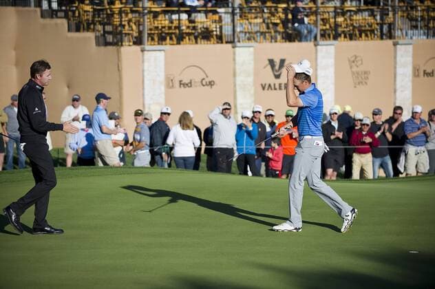 March 26, 2015: Jimmy Walker (Left) and Jordan Spieth in action Round 1 Valero Texas Open PGA Golf Herren Fed Ex Cup at AT&T Oaks Course TPC. San Antonio, Texas. PGA Golf 2015: Valero Texas Open MAR 26 - ZUMAc04_