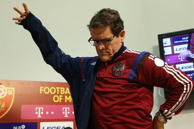 PODGORICA, MONTENEGRO. MARCH 26, 2015. Russian national football team head coach Fabio Capello seen during a press conference PK Pressekonferenz ahead of a UEFA EURO EM Europameisterschaft Fussball 2016 qualifying match against Montenegro. Stanislav Krasilnikov TASS  RE15F94B