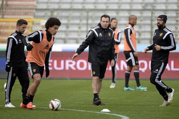 Marc Wilmots, headcoach of Belgium and Axel Witsel of Belgium FOOTBALL : Entrainement Equipe Belgique - stade Roi Baudouin - 27 03 2015 PhotoNews Panoramic 