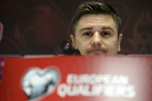 Coach of Latvia soccer team Marians Pahars speaks during the press conference PK Pressekonferenz prior to the qualification match Czech Republic vs Latvia for the European Championships in Prague, Czech Republic, March 27, 2015. (CTKxPhoto MichalxKamaryt) CTKPhotoP201503270747101  kmt 1