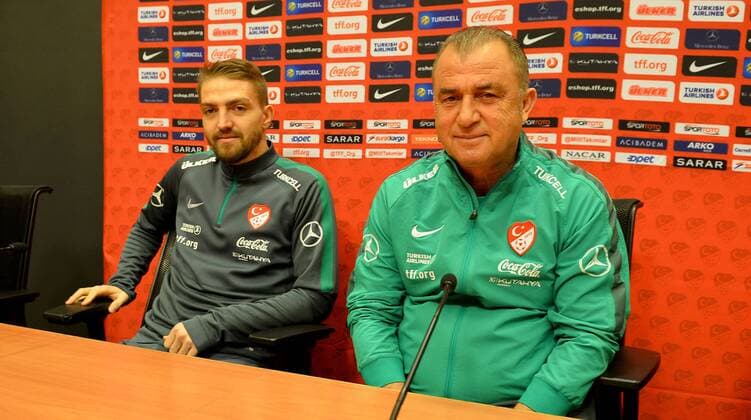 Turkey National Football Team Head Coach Fatih Terim and player Caner Erkin during the press conference PK Pressekonferenz in Amsterdam, Netherlands on March 27, 2015 