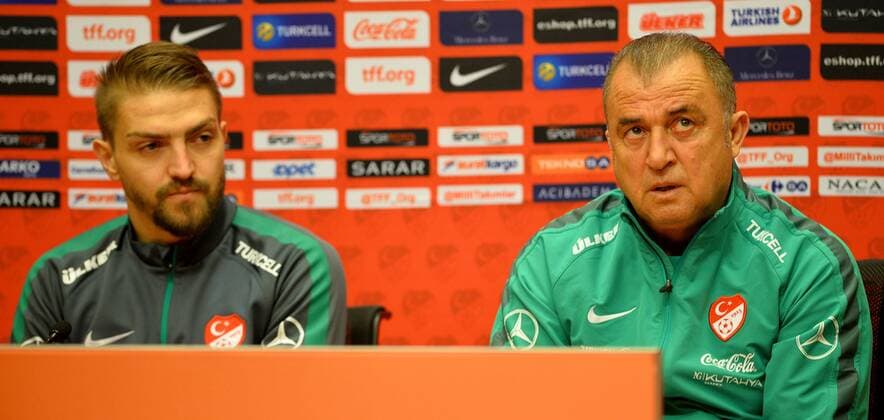 Turkey National Football Team Head Coach Fatih Terim and player Caner Erkin during the press conference PK Pressekonferenz in Amsterdam, Netherlands on March 27, 2015 