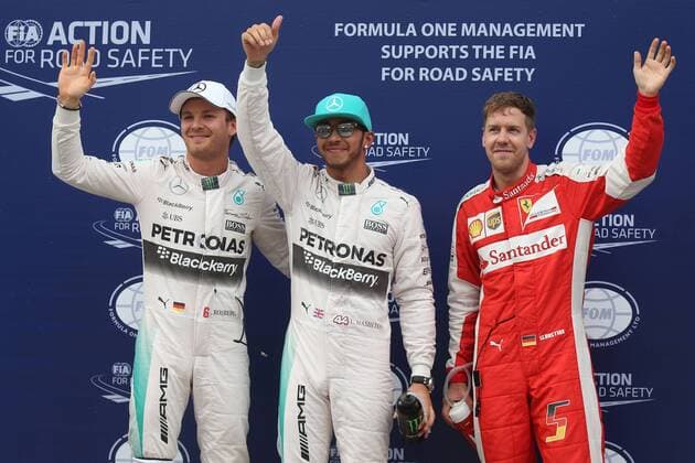 Motorsports: FIA Formula One World Championship WM Weltmeisterschaft 2015, Grand Prix of Malaysia, 6 Nico Rosberg (GER, Mercedes AMG Petronas Formula One Team), 44 Lewis Hamilton (GBR, Mercedes AMG Petronas Formula One Team), 5 Sebastian Vettel (GER, Scuderia Ferrari), xHOCHxZWEIx